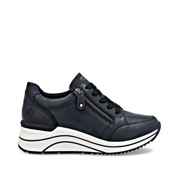 Remonte Lace Wedge Trainer With Side Zip - Navy Leather